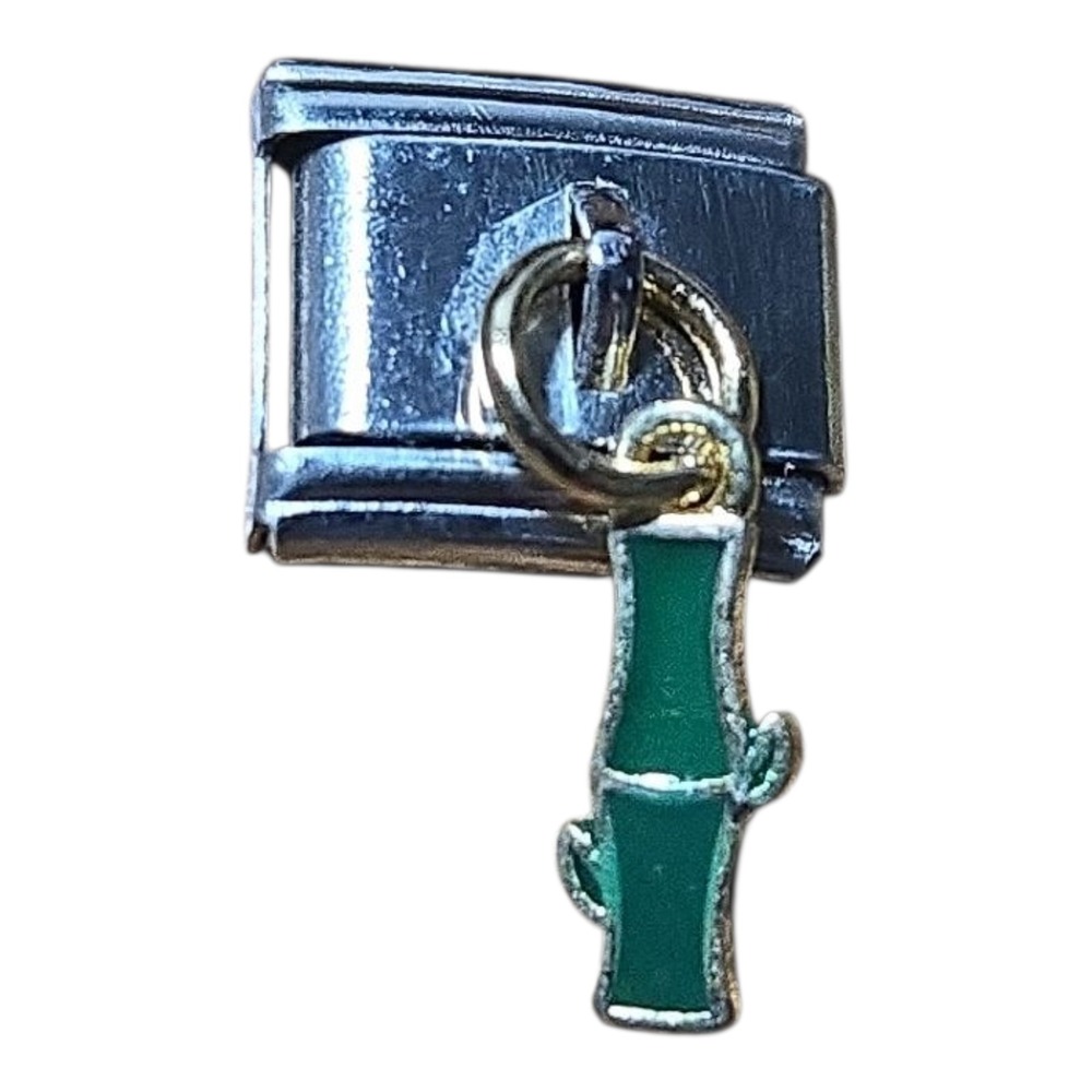 Italian Charm‎ Bracelet Link - Green Bamboo Dangle Enamel Gold Tone Fits 9mm